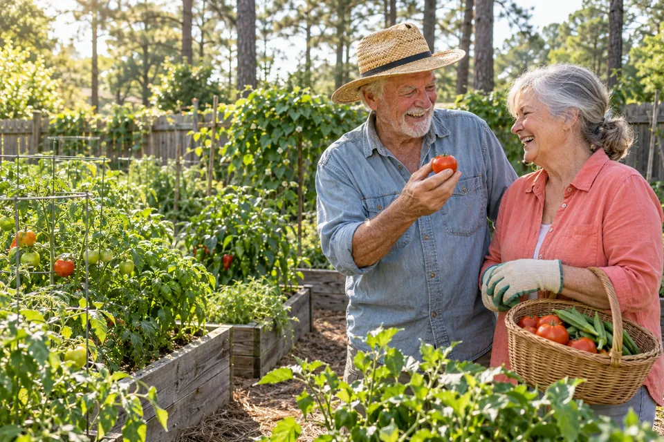 An older couple laughing in their vegetable garden, a ripe tomato in his hand and a basket of vegetables on her arm