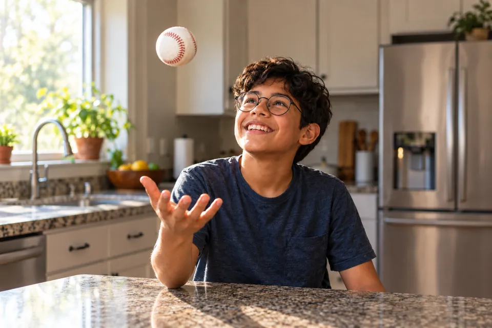 A smiling boy in round glasses tossing a baseball in his kitchen
