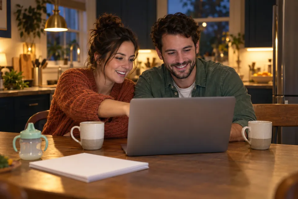 A young couple at their kitchen table looking at a laptop together in the evening