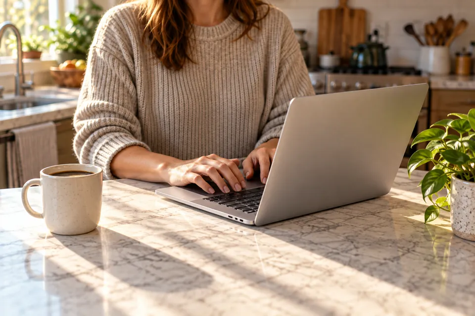 Hands on a laptop at a sunny kitchen counter beside a cup of coffee
