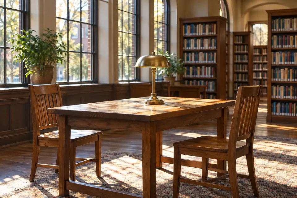 An empty wooden table and two chairs in a quiet library corner in afternoon light