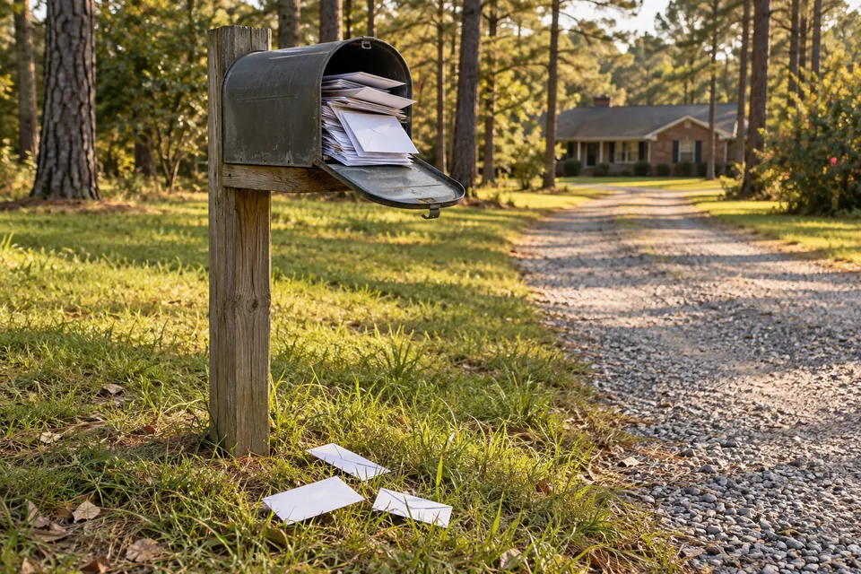 A rural mailbox stuffed with envelopes, a few fallen into the grass beneath it