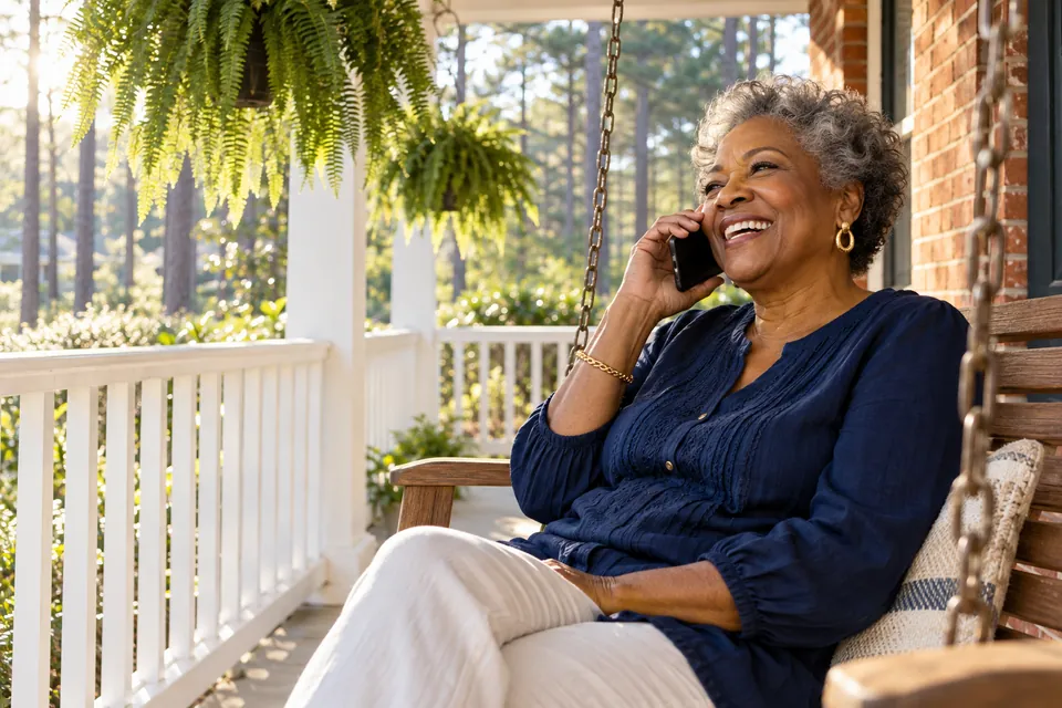 A woman laughing on the phone from a porch swing, ferns hanging overhead