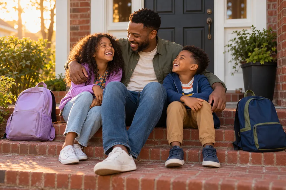 A father laughing with his daughter and son on brick front steps, school backpacks beside them