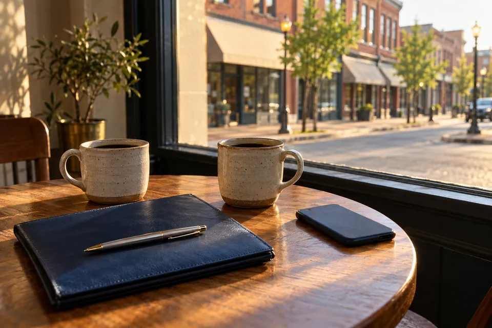 Two coffee mugs, a navy folder, and a pen on a cafe table by a window onto a brick downtown street
