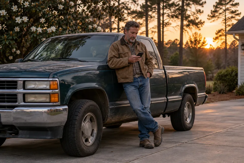 A man in work clothes leaning on his pickup truck at dusk, checking his phone